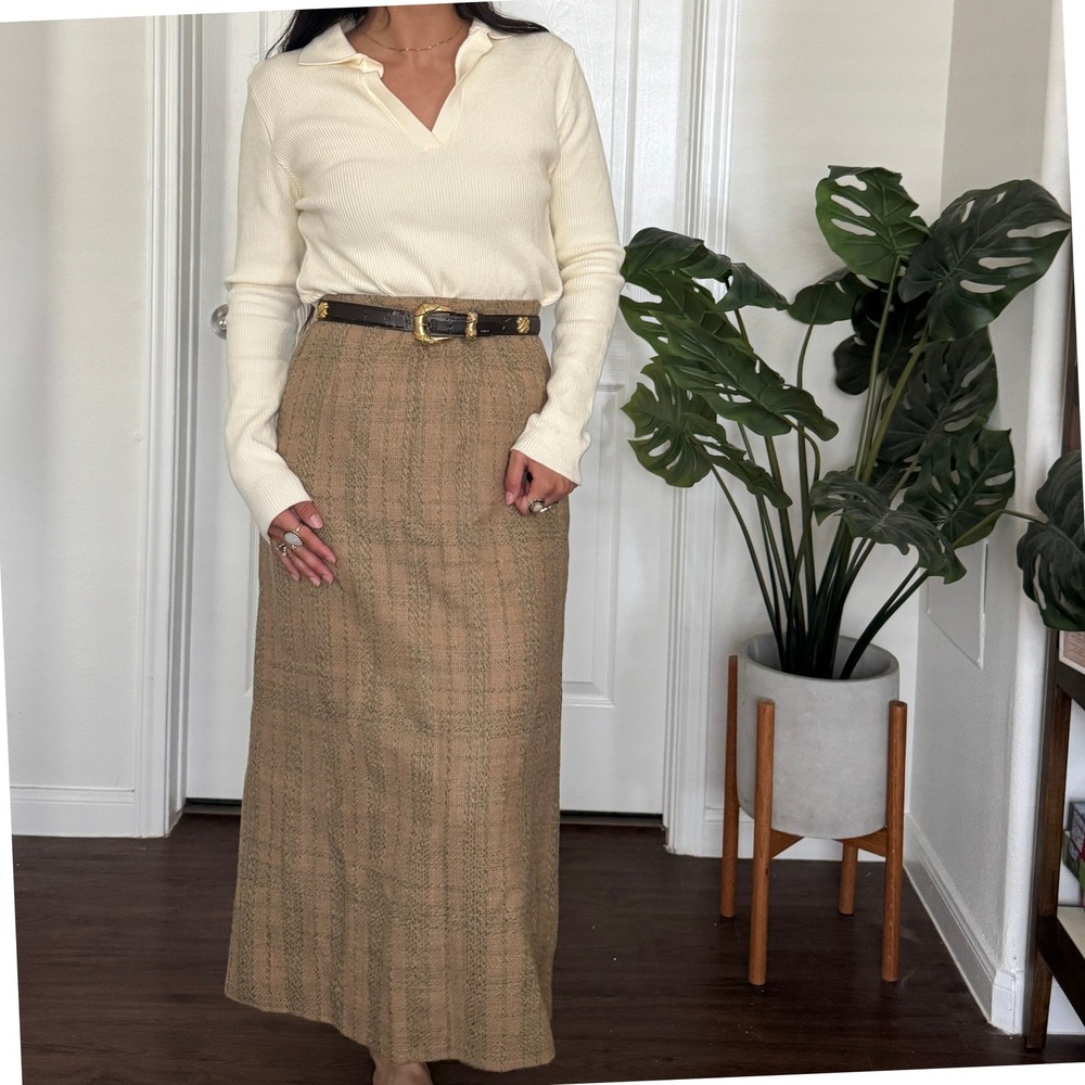 Vtg Harve Benard Plaid 100% Wool Skirt 6 Tan Glen Plaid Tweed Old Money Academia